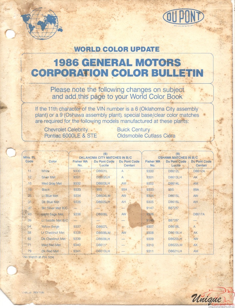 1986 General Motors Paint Charts DuPont 5